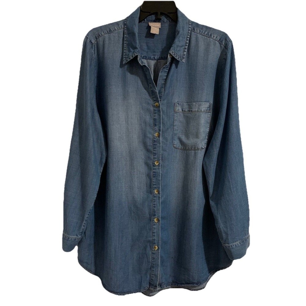 Chicos Size 2 Womens Large Denim Top Soft Lyocell Long Roll Tab Sleeve Cowgirl
